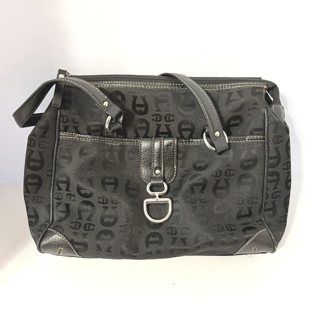 Etienne Aigner Black Monogram Jacquard Leather Trim Shoulder Bag Satchel